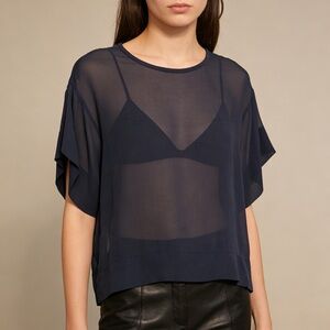 BCBGMaxAzria Sheer Navy Short-Sleeve Blouse